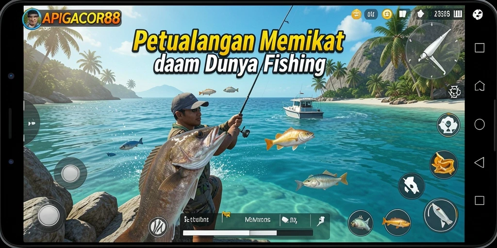 Tampilan gameplay <strong>APIGACOR88</strong> yang menarik saat memancing ikan di lautan.