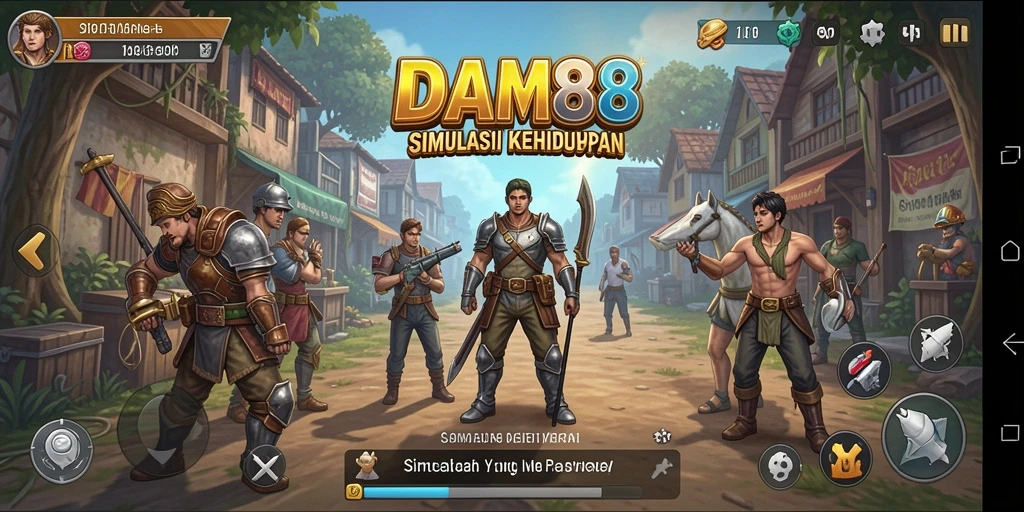 Screenshot utama <strong>DAM88</strong> menampilkan karakter sedang menjalani aktivitas sehari-hari dalam simulasi kehidupan.