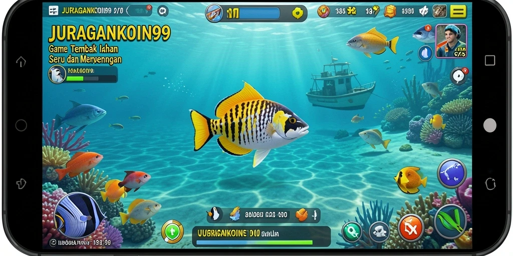 Tampilan gameplay JURAGANKOIN99 saat menangkap ikan di bawah laut.