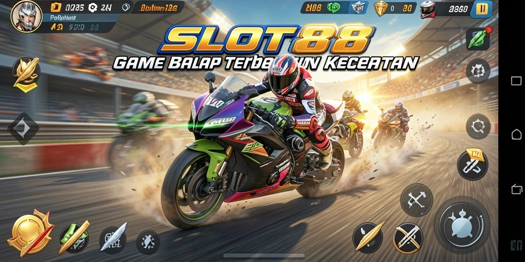 Tampilan menegangkan gameplay balapan motor di SLOT88.